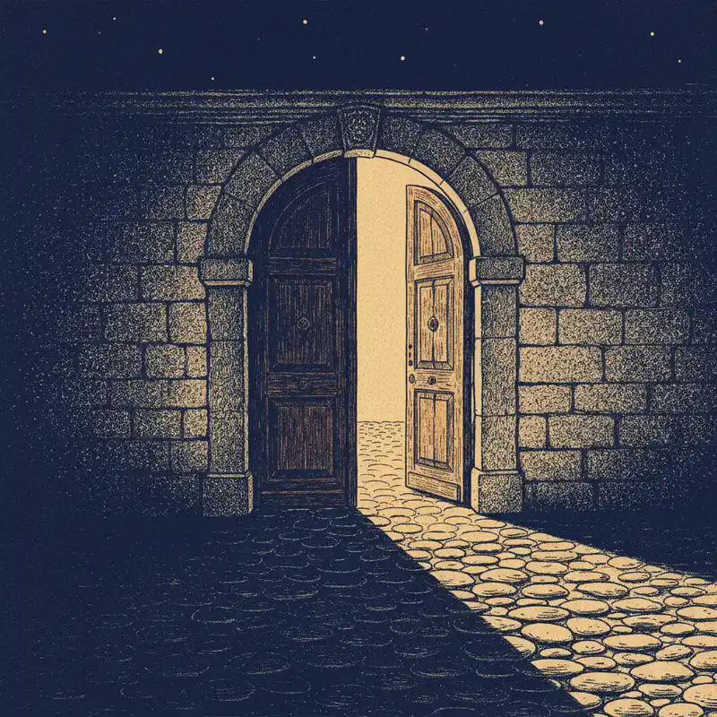 An open doorway spilling warm amber light onto an empty, dark cobblestone lane