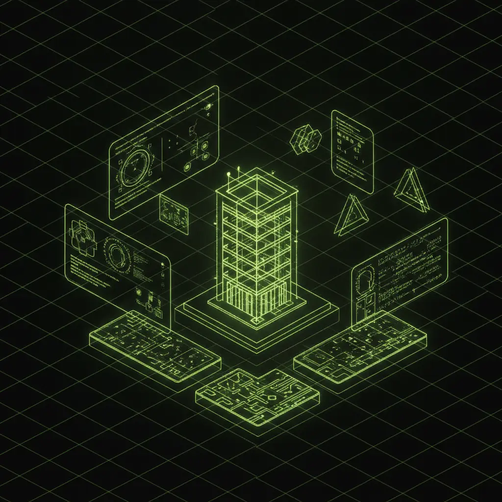 Abstract architectural rendering of smart contract capability blueprints