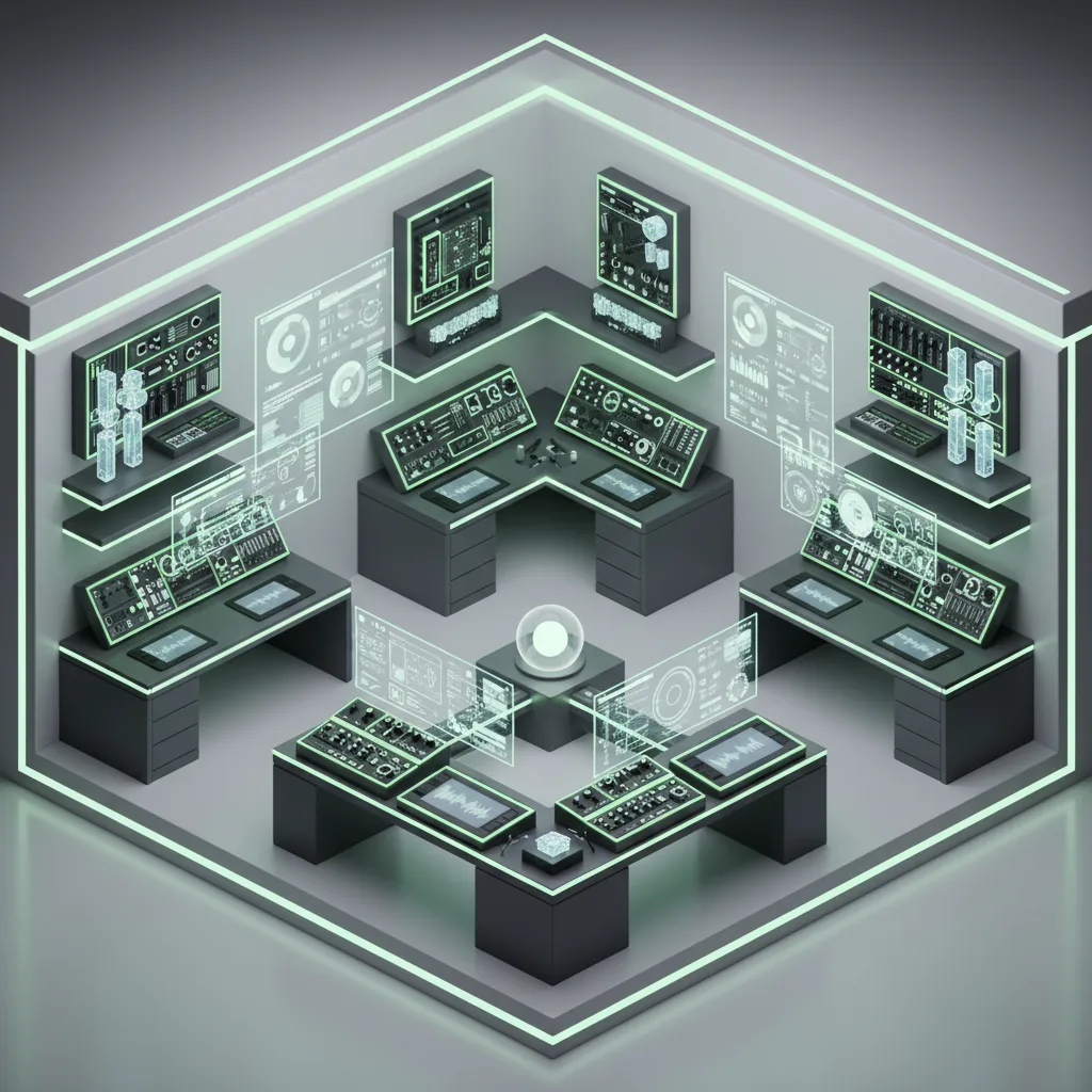 Minimalist isometric tool bench with glowing instruments