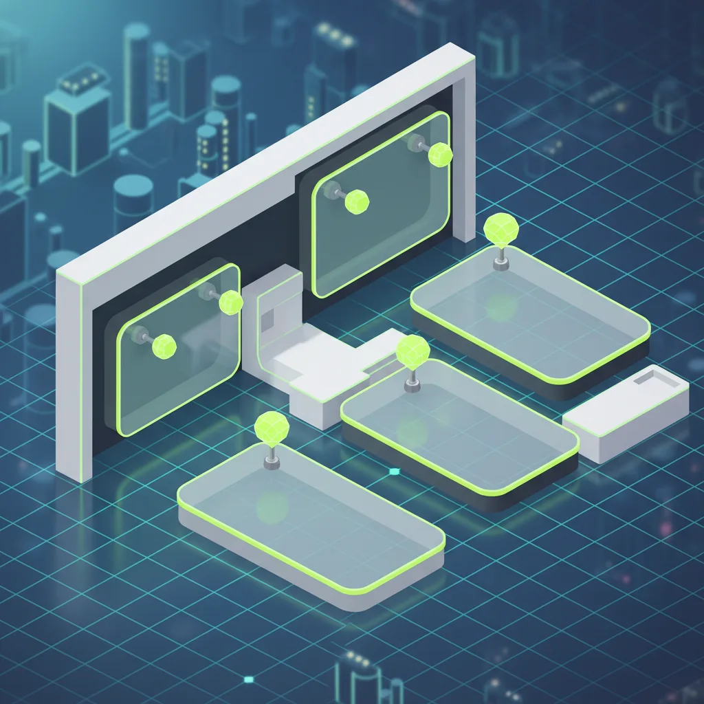 Isometric architectural bulletin grid with glowing nodes and modular cards
