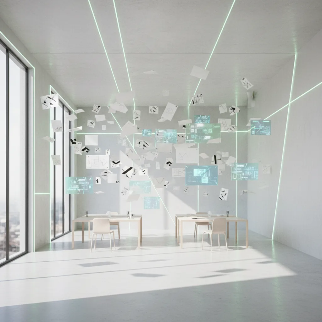 Minimalist architectural glass receipts float on white surface with lime illumination